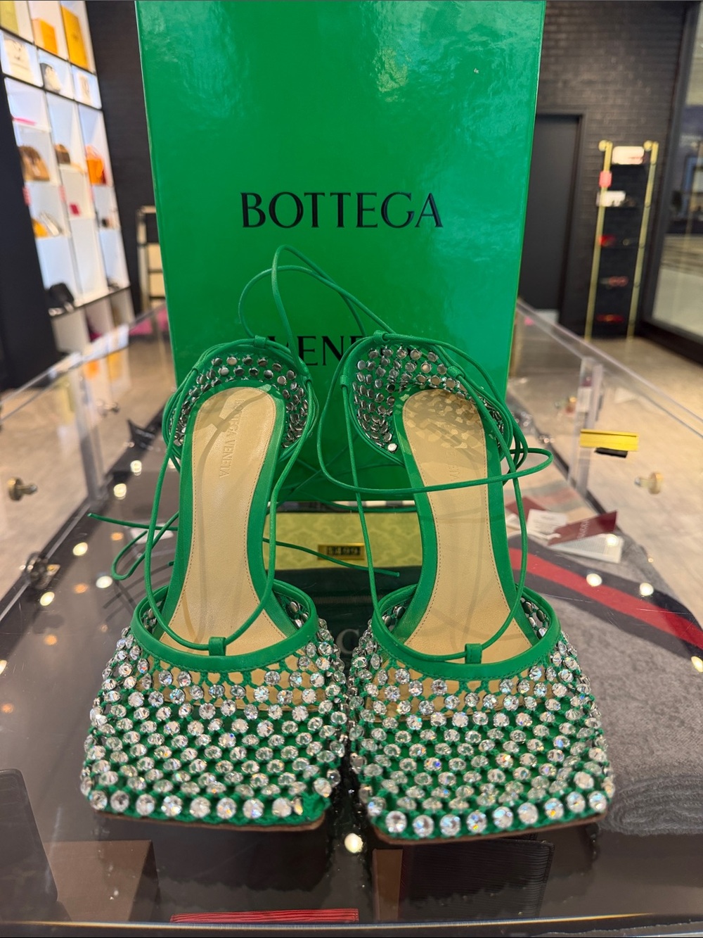 Bottega Veneta Green Crystal Lace-Up Heels